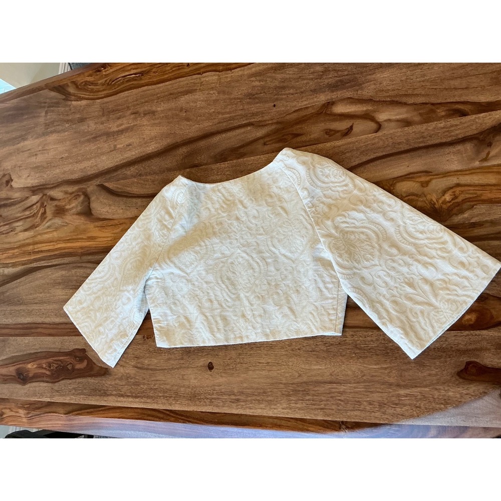Ellen Tracy Cream Jacquard Cropped Bolero Shrug Jacket Wide 3/4 Sleeve Womens 4 - Picture 8 of 11